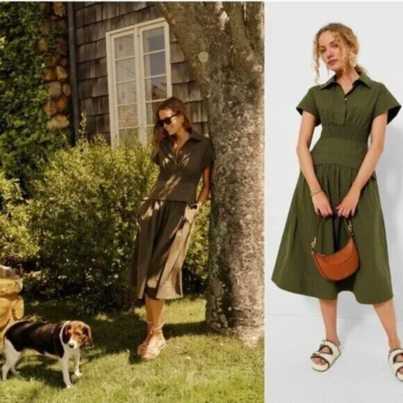 Tuckernuck Cameran Army Green Collared A-Line Midi Shirt Dress Size M NWT - Picture 2 of 12